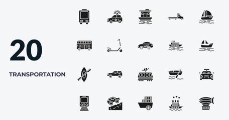 filled transportation icons set - trolleybus, police car, houseboat, icebreaker ship. editable vector for web and mobile ui © IconArt