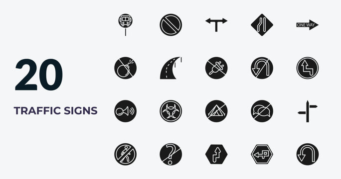 filled traffic signs icons set - bus stop, no waiting, t junction, degree curve road. editable vector for web and mobile ui