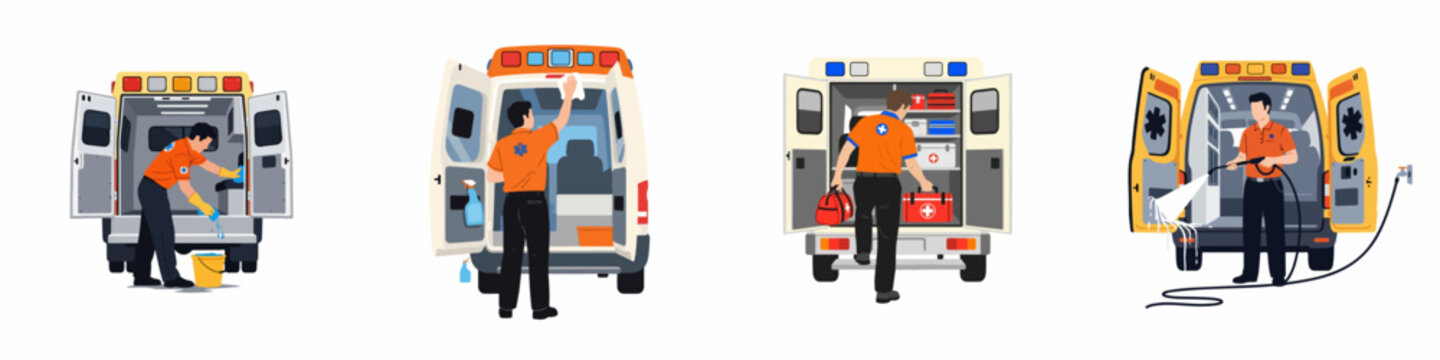 A flat illustration set showing a paramedic cleaning, washing, and organizing an ambulance, including stocking medical kits and sanitizing the vehicle's interior.