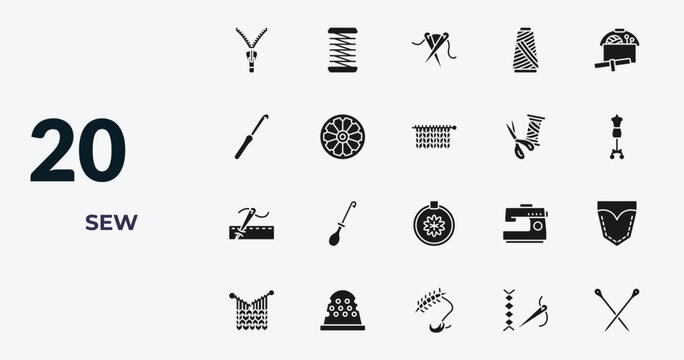 filled sew icons set - slide fastener, coil, sewing needles, stiching. editable vector for web and mobile ui
