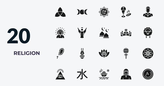 filled religion icons set - paganism, goddess, rub el hizb, anglican. editable vector for web and mobile ui