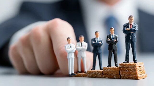 Leadership ladder: A giant hand dominates the foreground, with a row of miniature businessman figurines standing on a tiered platform, symbolizing career growth and hierarchy.