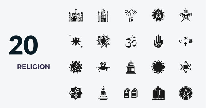 filled religion icons set - monastery, jewish, incense, gospel. editable vector for web and mobile ui