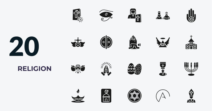 filled religion icons set - christian, eye of ra, orthodox, atheism. editable vector for web and mobile ui