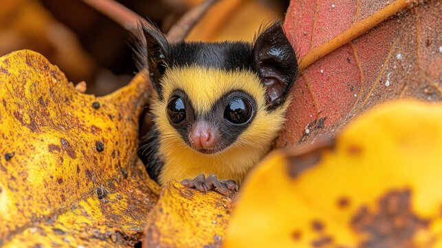 Curious Common Squirrel Monkey Baby Peering Through Fallen Autumn Leaves