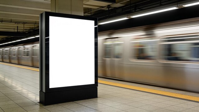 Subway station with train and billboard