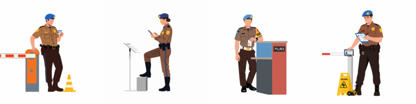 Flat illustration set of Indonesian police officers in various security and law enforcement roles, checking IDs, monitoring checkpoints, and performing administrative duties.