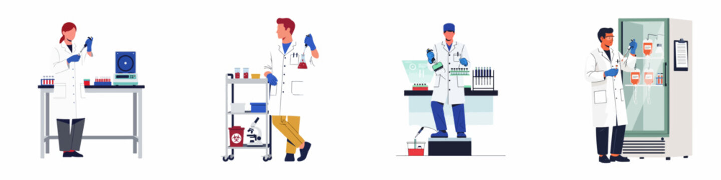 Flat Vector Illustrations of Scientists and Lab Technicians Conducting Medical Research, Blood Tests, and Experiments in a Modern Laboratory Setting.