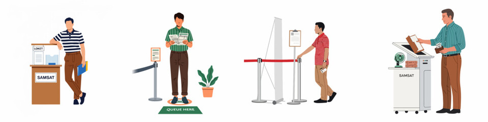 Obraz premium Illustration Set of People Navigating Administrative Procedures and Queueing at a SAMSAT Government Service Office for Vehicle Registration.