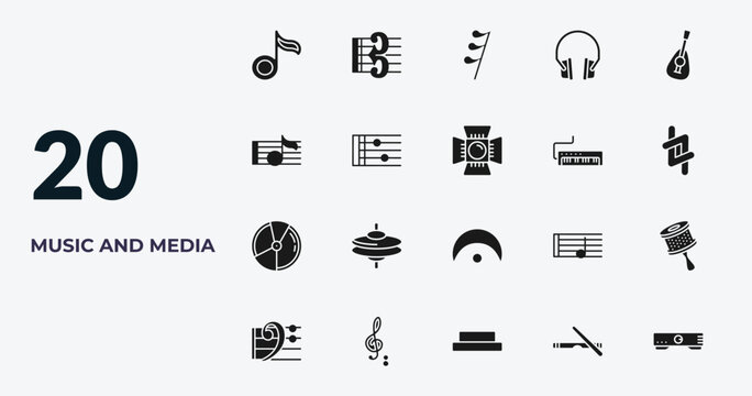 filled music and media icons set - flat, alto clef, thirty second note rest, clave. editable vector for web and mobile ui