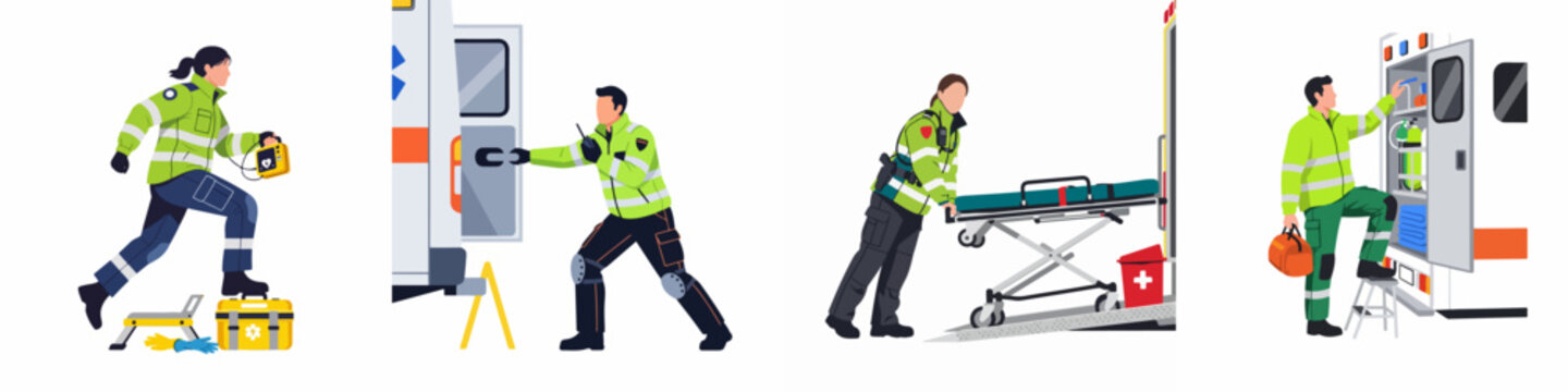 Professional paramedics in uniform performing emergency medical services with ambulance equipment, including a defibrillator, gurney, and medical bags, in a flat vector style.