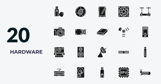 filled hardware icons set - pendrive with cover, , big tablet, gpu. editable vector for web and mobile ui
