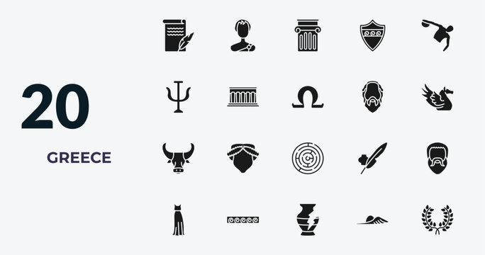 filled greece icons set - letter quill, alexander the great, jonic column, . editable vector for web and mobile ui