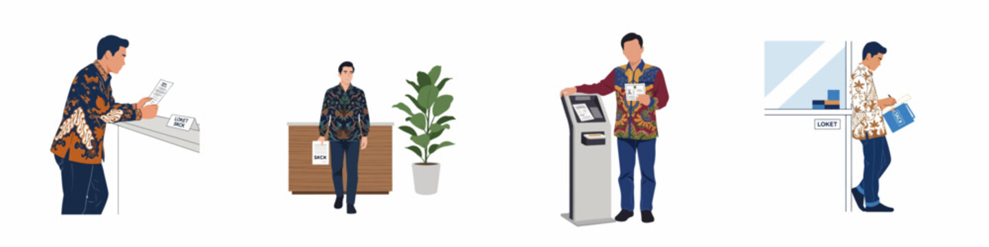 Illustrations of Indonesian men in batik shirts during the process of applying for SKCK police record certificates at public service counters and kiosks.