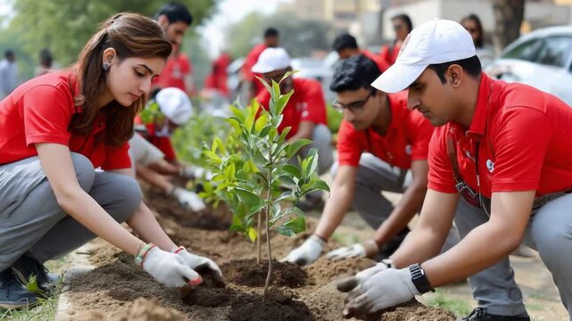 Planting for a Greener Tomorrow: A group of dedicated individuals, clad in red shirts and white caps, actively participates in a community tree planting event.