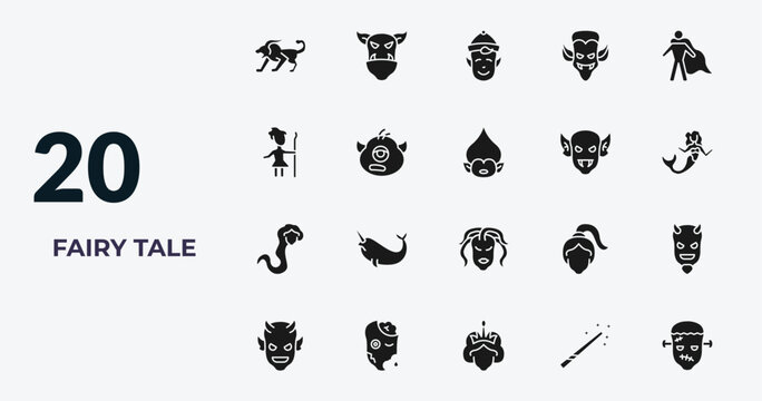 filled fairy tale icons set - chimera, ogre, elf, magic wand. editable vector for web and mobile ui