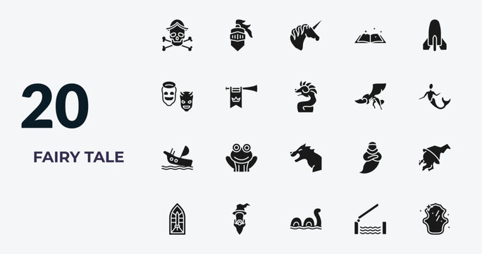 filled fairy tale icons set - caribbean, knight, unicorn, drawbridge. editable vector for web and mobile ui