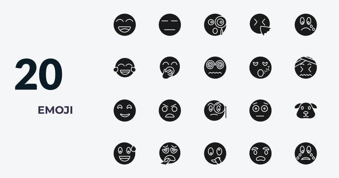 filled emoji icons set - happy emoji, expressionless emoji, curious anguished editable vector for web and mobile ui