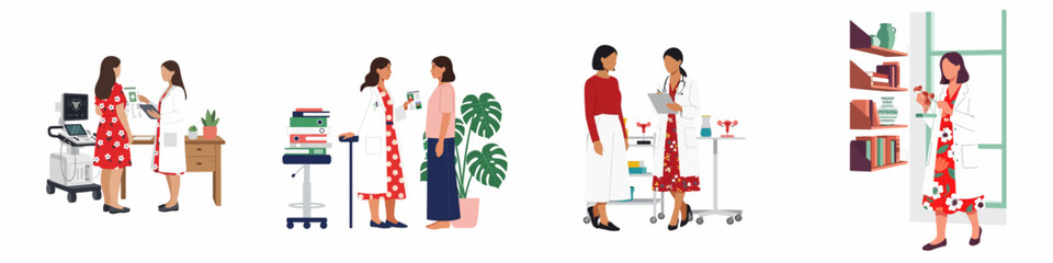 Fototapeta premium Set of flat vector illustrations of a female gynecologist consulting with various patients, featuring ultrasound examinations and reproductive health discussions in clinic settings.