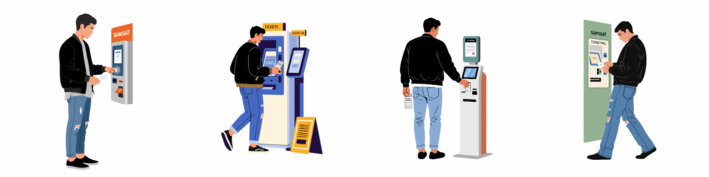 Vector illustration set showing a man using various automated self-service kiosks for ticketing and public services on a white background.