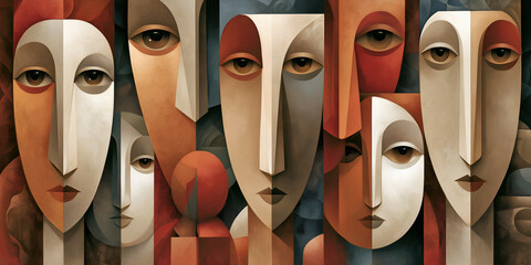 Obraz premium The Many Faces That Merge Into One Warm Geometry of Thought, ai generated.