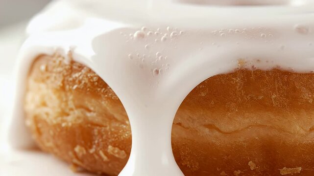 Close-Up Of A Delicious Golden-Brown Doughnut With Thick White Glaze Drizzling Downward Perfect For Dessert Menus