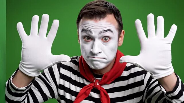 Mime artist performing on green background.