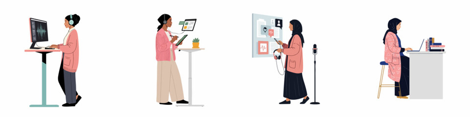 Fototapeta premium Set of illustrations depicting diverse Muslim women in modern professional roles including technology, media, and education settings using laptops and tablets.