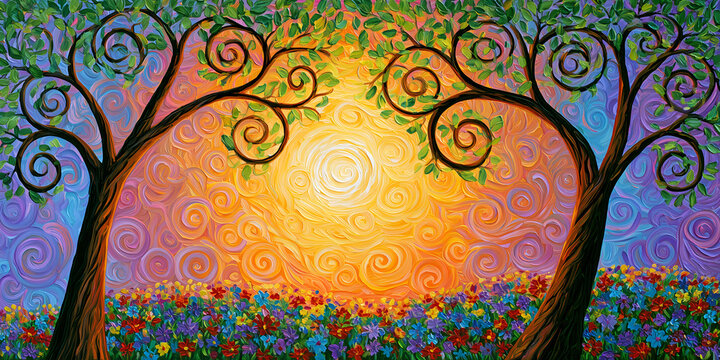 The Two Trees That Lean Toward the Sun in a Swirl of Living Light, ai generated.