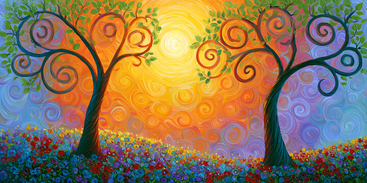 The Two Trees That Lean Toward the Sun in a Swirl of Living Light, ai generated.