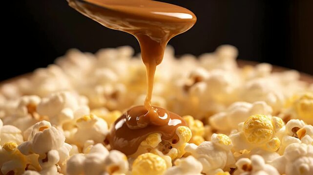 Close Up Of Creamy Caramel Sauce Drizzled Over Fluffy Popcorn In 4K Culinary Photography