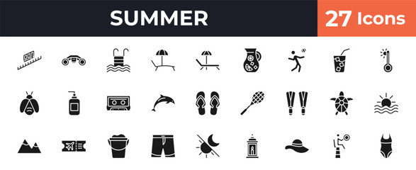 filled summer icons set - funicular, sea scooter, sunbed, life guard. editable vector for web and mobile ui © IconArt