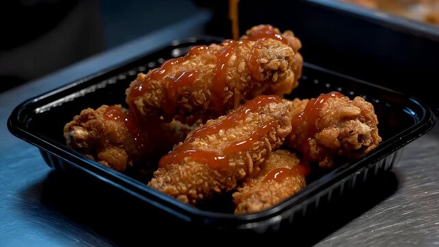 Close-Up Of Crispy Golden Fried Chicken Wings Drizzled With Savory Sauce In A Takeout Container