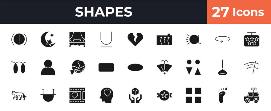 filled shapes icons set - brake system warning, half moon and star, heartbreak, human foot prints. editable vector for web and mobile ui