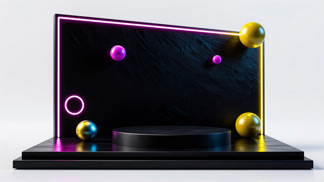 Modern 3D podium stage with neon lights and floating spheres for product presentation