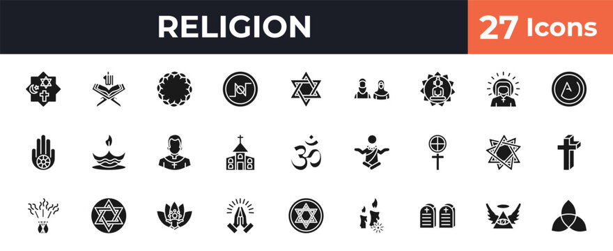 filled religion icons set - monotheism, koran, hebrew, god. editable vector for web and mobile ui