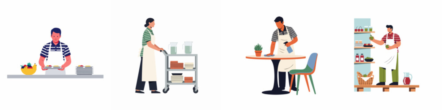 Vector illustrations set of diverse restaurant staff characters performing various duties like serving food, cleaning tables, pushing carts, and managing kitchen inventory.