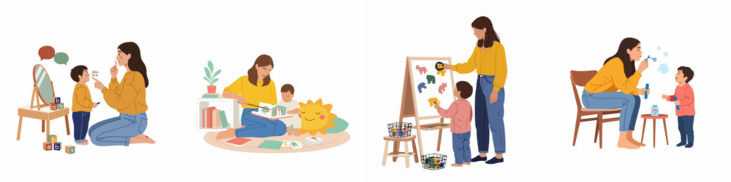 Flat vector illustrations of speech therapy sessions and early childhood development activities including reading, pronunciation exercises, and interactive play with a teacher.