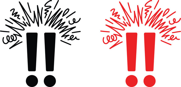 Exclamation mark warning symbols in black and red hand drawn doodle style for alert and emphasis with exclamation attention important emphasis information illustration creative