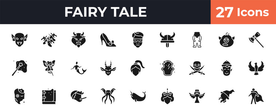 filled fairy tale icons set - goblin, hydra, protagonist, witch. editable vector for web and mobile ui