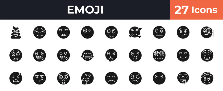 filled emoji icons set - poo emoji, pensive emoji, weird drool editable vector for web and mobile ui