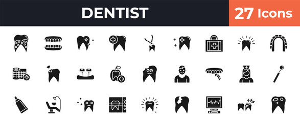 filled dentist icons set - plaque, dentures, tooth extraction, toothache. editable vector for web and mobile ui © IconArt