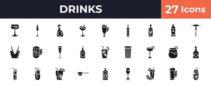 filled drinks icons set - martinez, french 75, latte, beer mug. editable vector for web and mobile ui