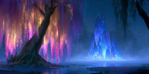 Fototapeta premium The Realm Where a Crystal and a Burning Tree Divide the Night in Living Light, ai generated.