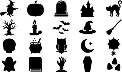Collection of halloween black silhouette icons featuring magic and spooky items © MDIMRAN