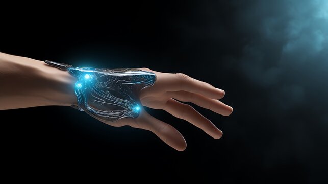human arm wearing futuristic bionic wrist device with glowing blue lights signifying advanced technology.