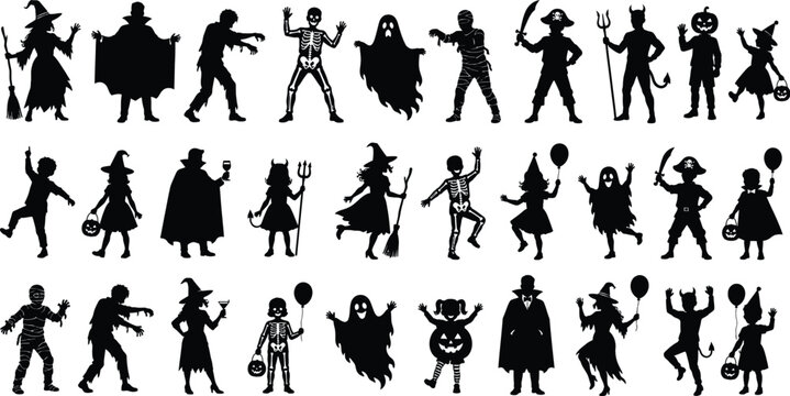 Halloween Costume Silhouettes On White Background Collection Of Figures