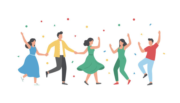 Group of happy people dancing and celebrating together with confetti falling in a joyful atmosphere for social events or party concepts.