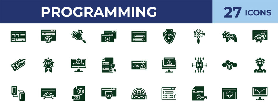 filled programming icons set - optimization, game development, program error, plugin. editable vector for web and mobile ui