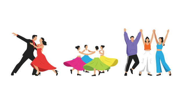 Diverse groups of people dancing including ballroom couples and friends in casual wear enjoy festive moments together.